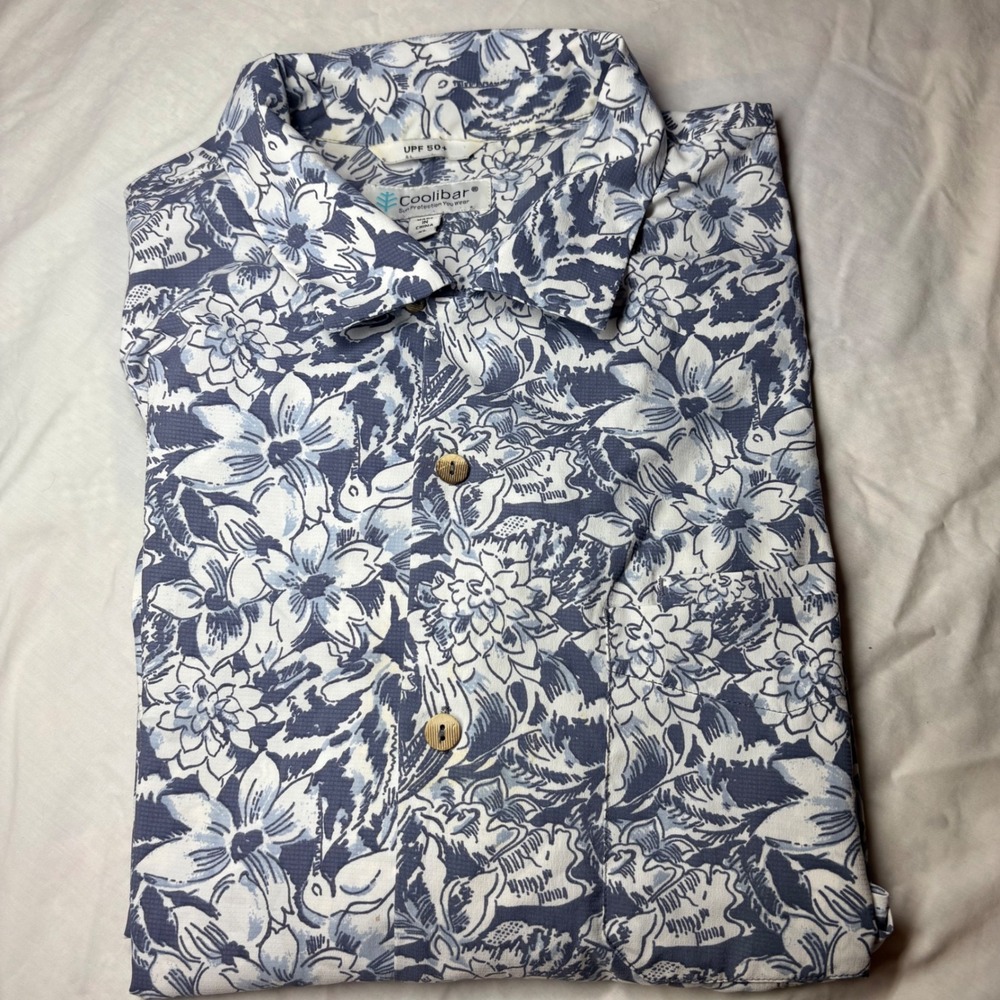 Coolibar Safari Camp Shirt‎ XL Gray White Floral UPF 50+ Sun Protection 10135